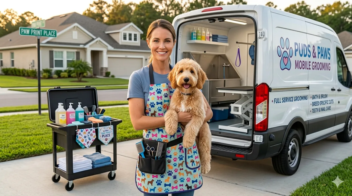 Pet groomer with mobile grooming van