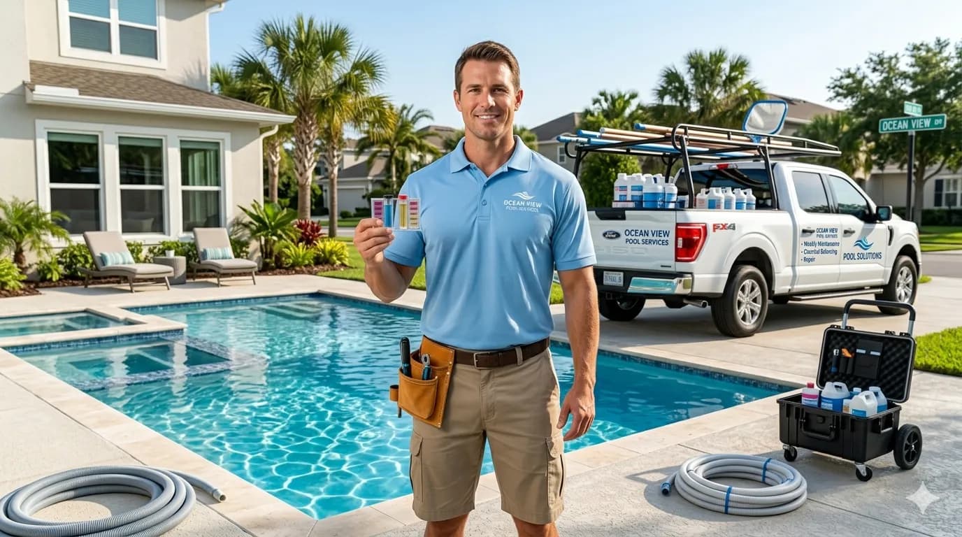 Pool service professional with van